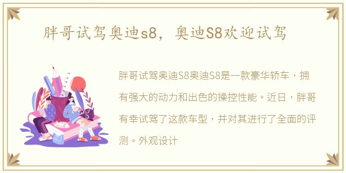 胖哥试驾奥迪s8，奥迪S8欢迎试驾