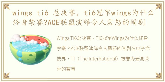 wings ti6 总决赛，ti6冠军wings为什么终身禁赛?ACE联盟演绎令人震怒的闹剧